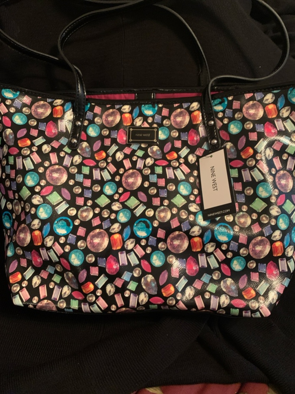Nine West Black Tote with Colorful Gemstone Print & 2 matching pouches